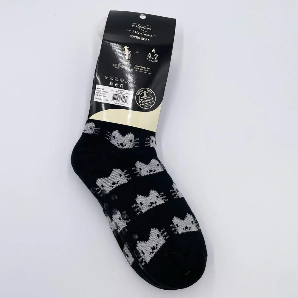 NEW Fashion by Mirabeau Super Soft Thermal Knit Slipper Socks One Size Kitty Cat